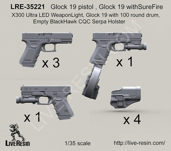 LRE35221 Glock 19 pistol, Glock 19 with SureFire X300 Ultra LED Weapon Light, Glock 19 with 100 round drum, Empty Blackhawk Holster